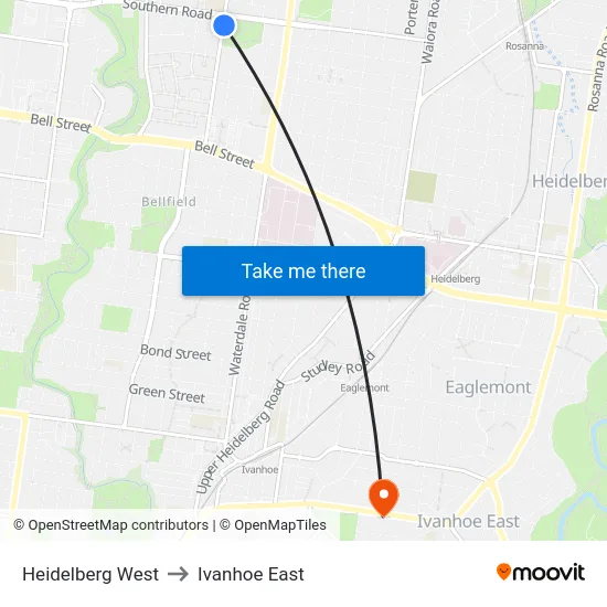 Heidelberg West to Ivanhoe East map