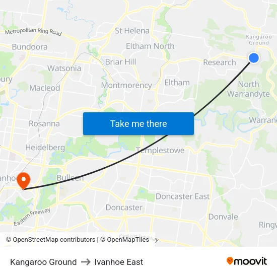 Kangaroo Ground to Ivanhoe East map
