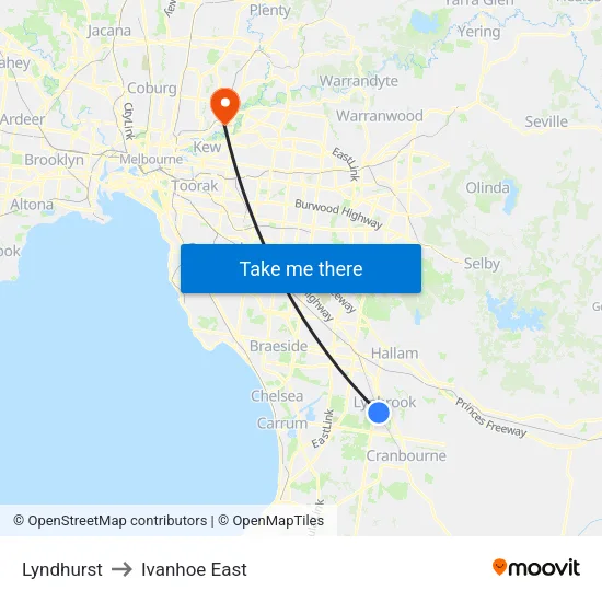 Lyndhurst to Ivanhoe East map