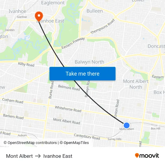 Mont Albert to Ivanhoe East map