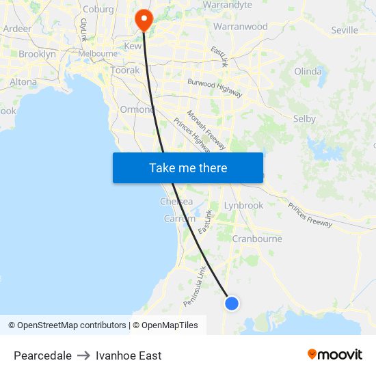 Pearcedale to Ivanhoe East map