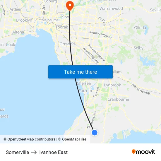Somerville to Ivanhoe East map