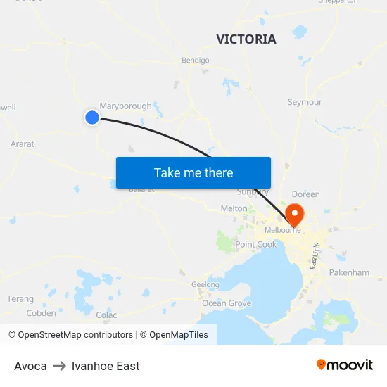 Avoca to Ivanhoe East map