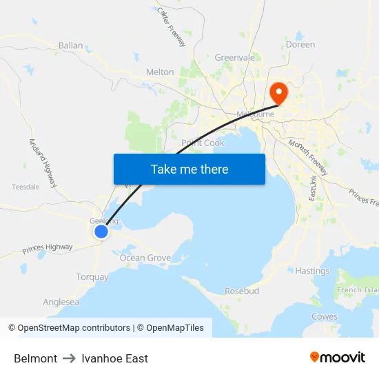 Belmont to Ivanhoe East map