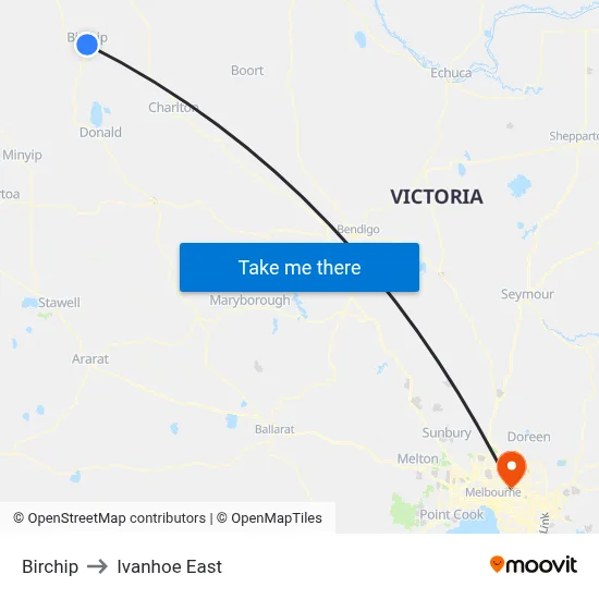 Birchip to Ivanhoe East map