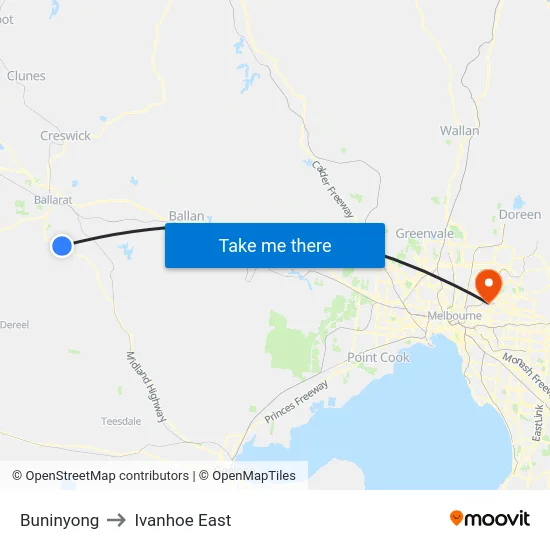 Buninyong to Ivanhoe East map