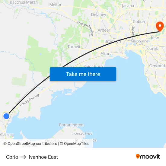 Corio to Ivanhoe East map