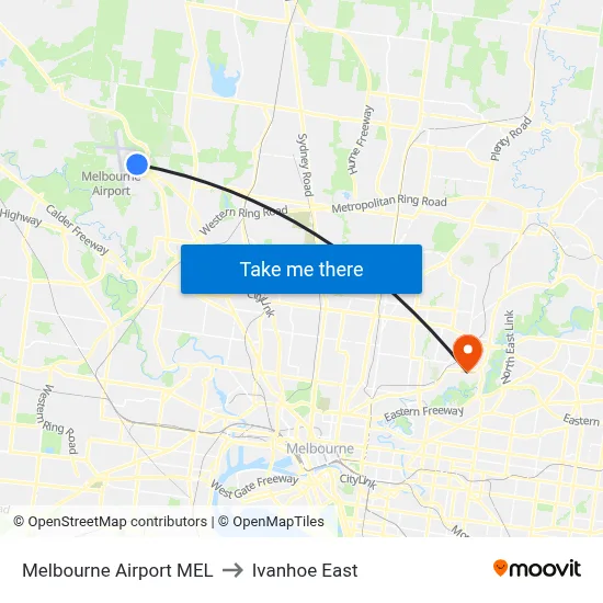 Melbourne Airport MEL to Ivanhoe East map