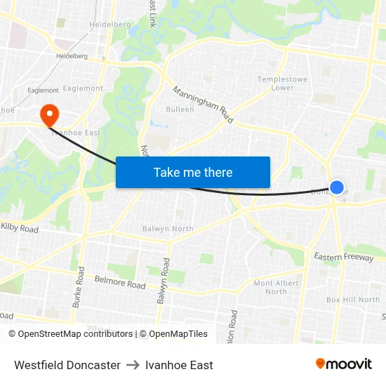 Westfield Doncaster to Ivanhoe East map