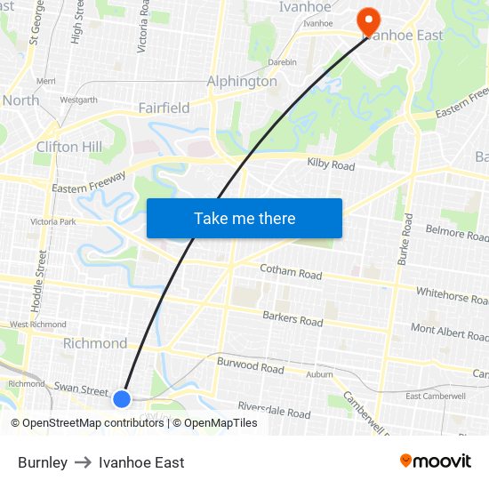 Burnley to Ivanhoe East map