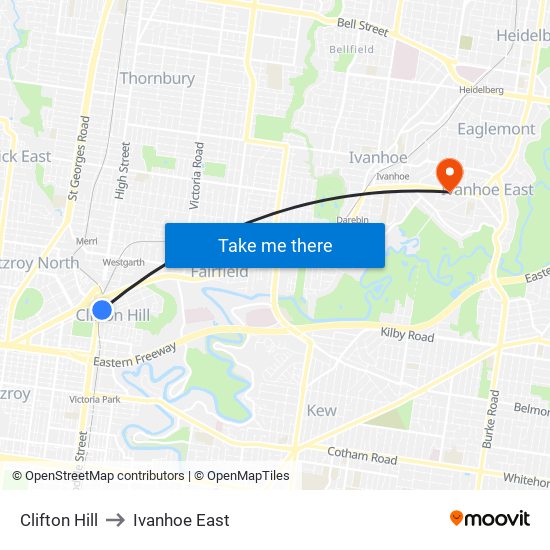 Clifton Hill to Ivanhoe East map