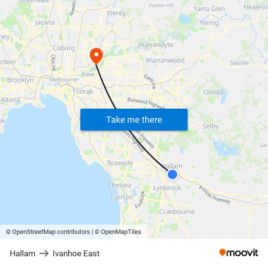 Hallam to Ivanhoe East map