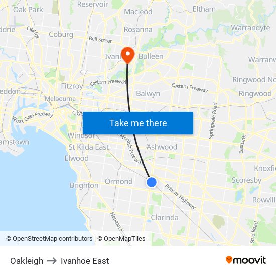 Oakleigh to Ivanhoe East map