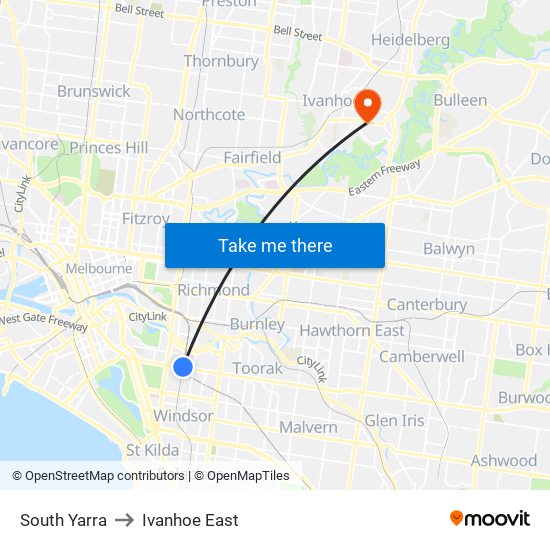 South Yarra to Ivanhoe East map