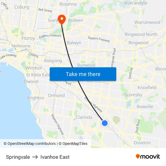 Springvale to Ivanhoe East map