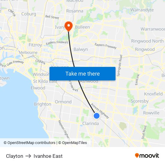 Clayton to Ivanhoe East map