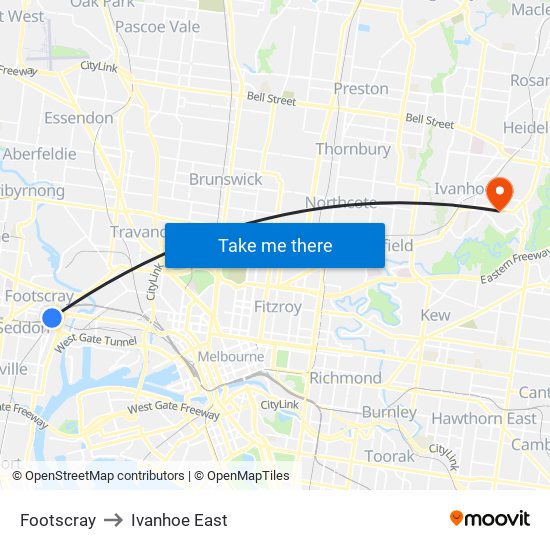 Footscray to Ivanhoe East map