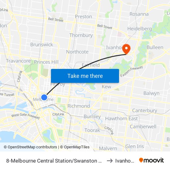 8-Melbourne Central Station/Swanston St (Melbourne City) to Ivanhoe East map