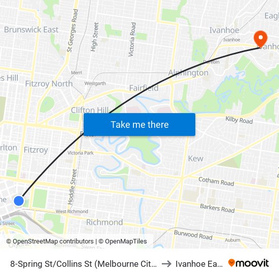 8-Spring St/Collins St (Melbourne City) to Ivanhoe East map