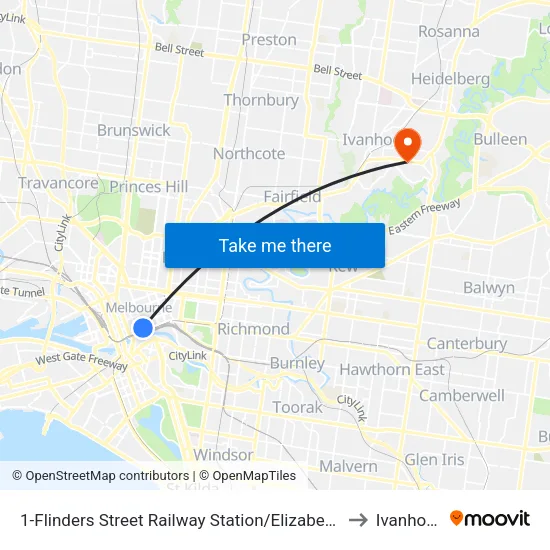Flinders Street Railway Station/Elizabeth St #1 to Ivanhoe East map