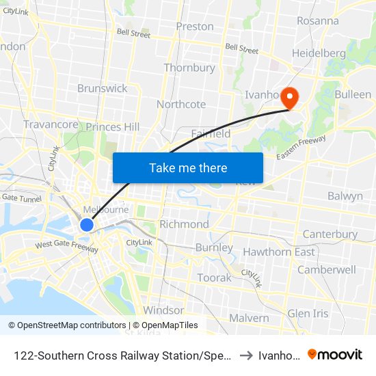 122-Southern Cross Railway Station/Spencer St (Melbourne City) to Ivanhoe East map