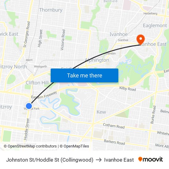 Johnston St/Hoddle St (Collingwood) to Ivanhoe East map