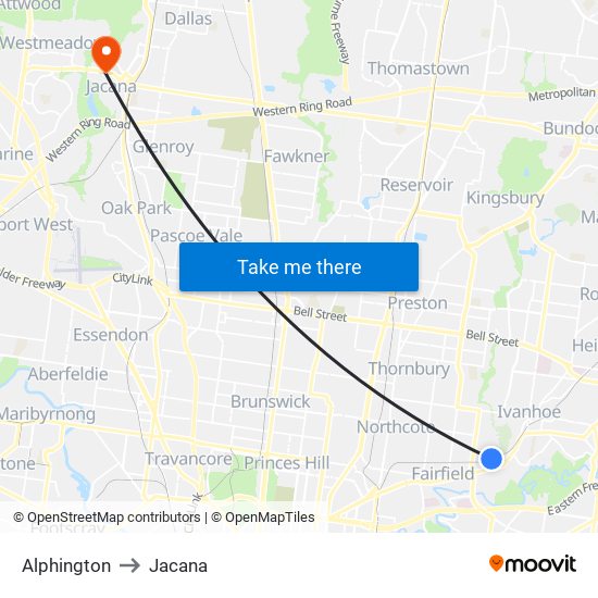 Alphington to Jacana map