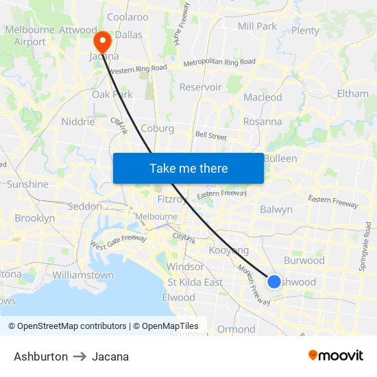 Ashburton to Jacana map