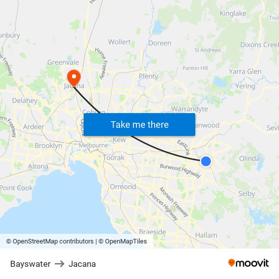 Bayswater to Jacana map