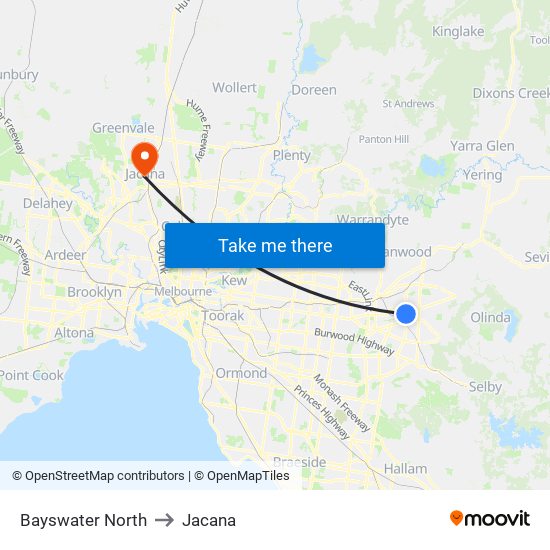 Bayswater North to Jacana map