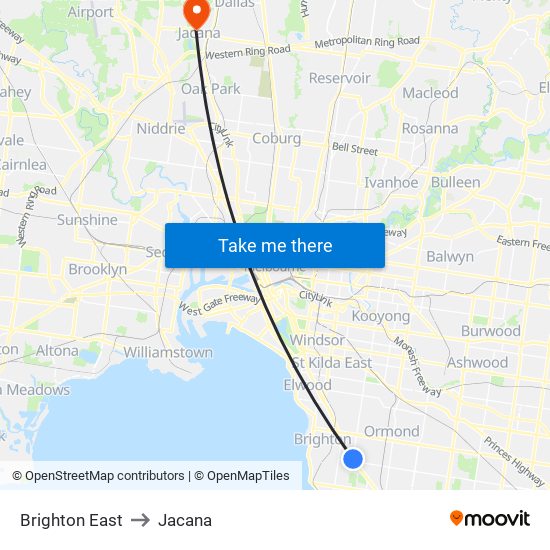 Brighton East to Jacana map