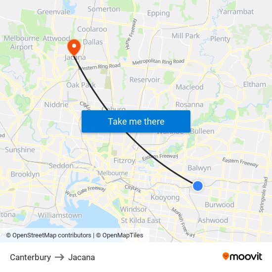 Canterbury to Jacana map