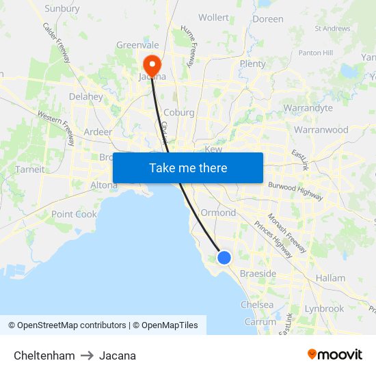 Cheltenham to Jacana map