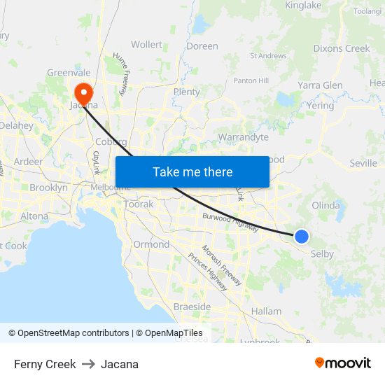 Ferny Creek to Jacana map