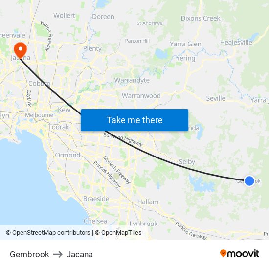 Gembrook to Jacana map