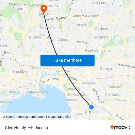 Glen Huntly to Jacana map