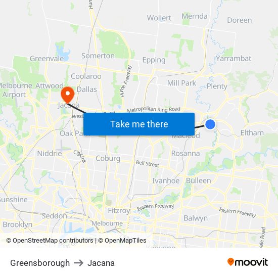 Greensborough to Jacana map