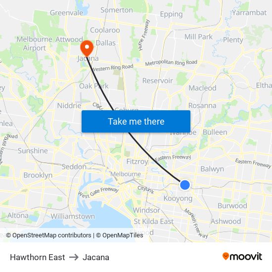 Hawthorn East to Jacana map