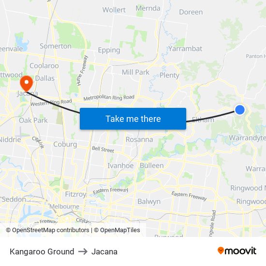 Kangaroo Ground to Jacana map