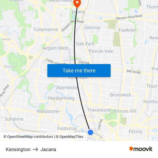 Kensington to Jacana map