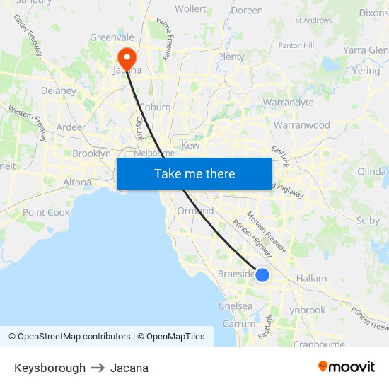 Keysborough to Jacana map