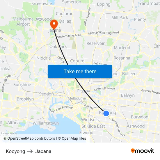 Kooyong to Jacana map