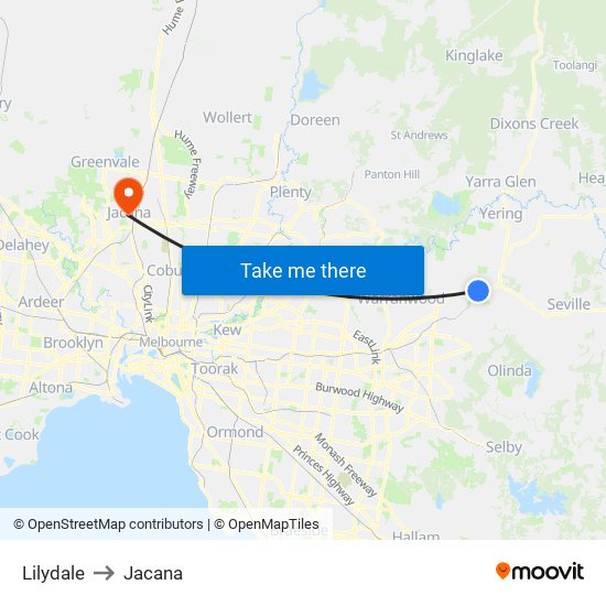 Lilydale to Jacana map