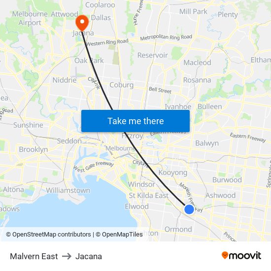 Malvern East to Jacana map