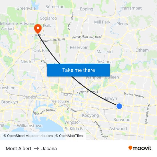 Mont Albert to Jacana map