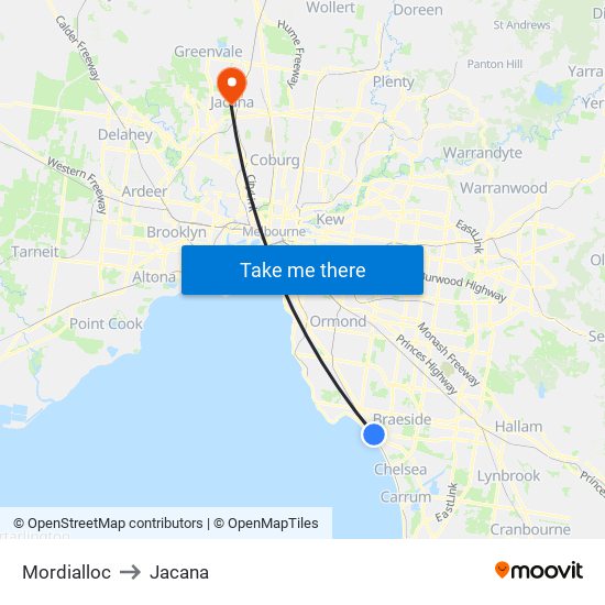 Mordialloc to Jacana map