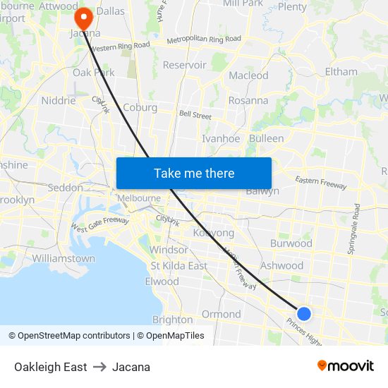 Oakleigh East to Jacana map