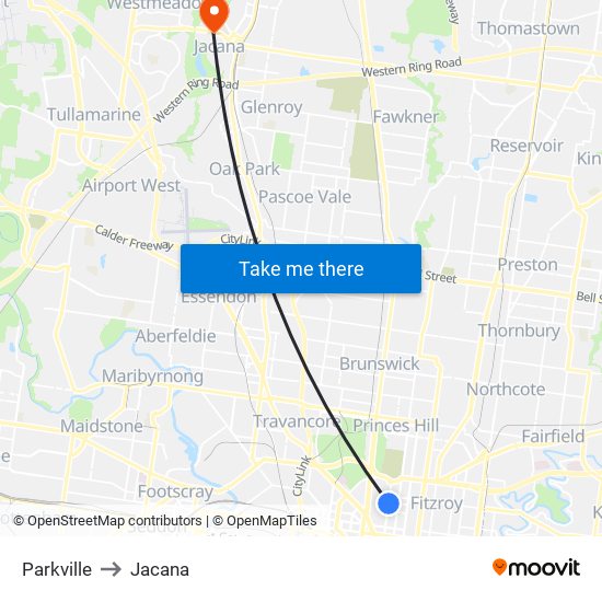 Parkville to Jacana map