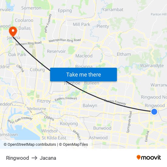 Ringwood to Jacana map