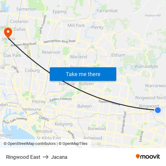 Ringwood East to Jacana map